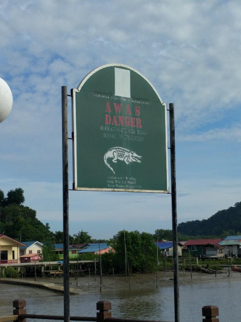 Crocodile waters sign near Bako National Park in Malaysia